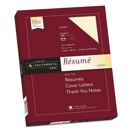 Southworth Resume Paper, 24 lb Bond Weight, 8.5 x 11, Ivory, PK100 R14ICF